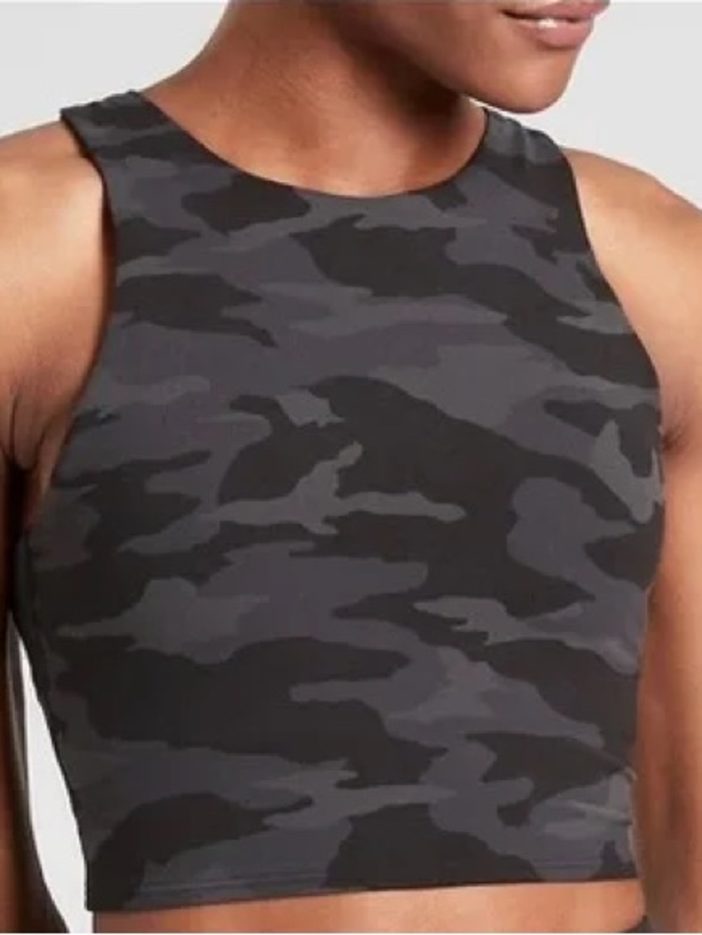Athleta Powervita Conscious Crop Tank Top, Black / Grey Camouflage – Medium